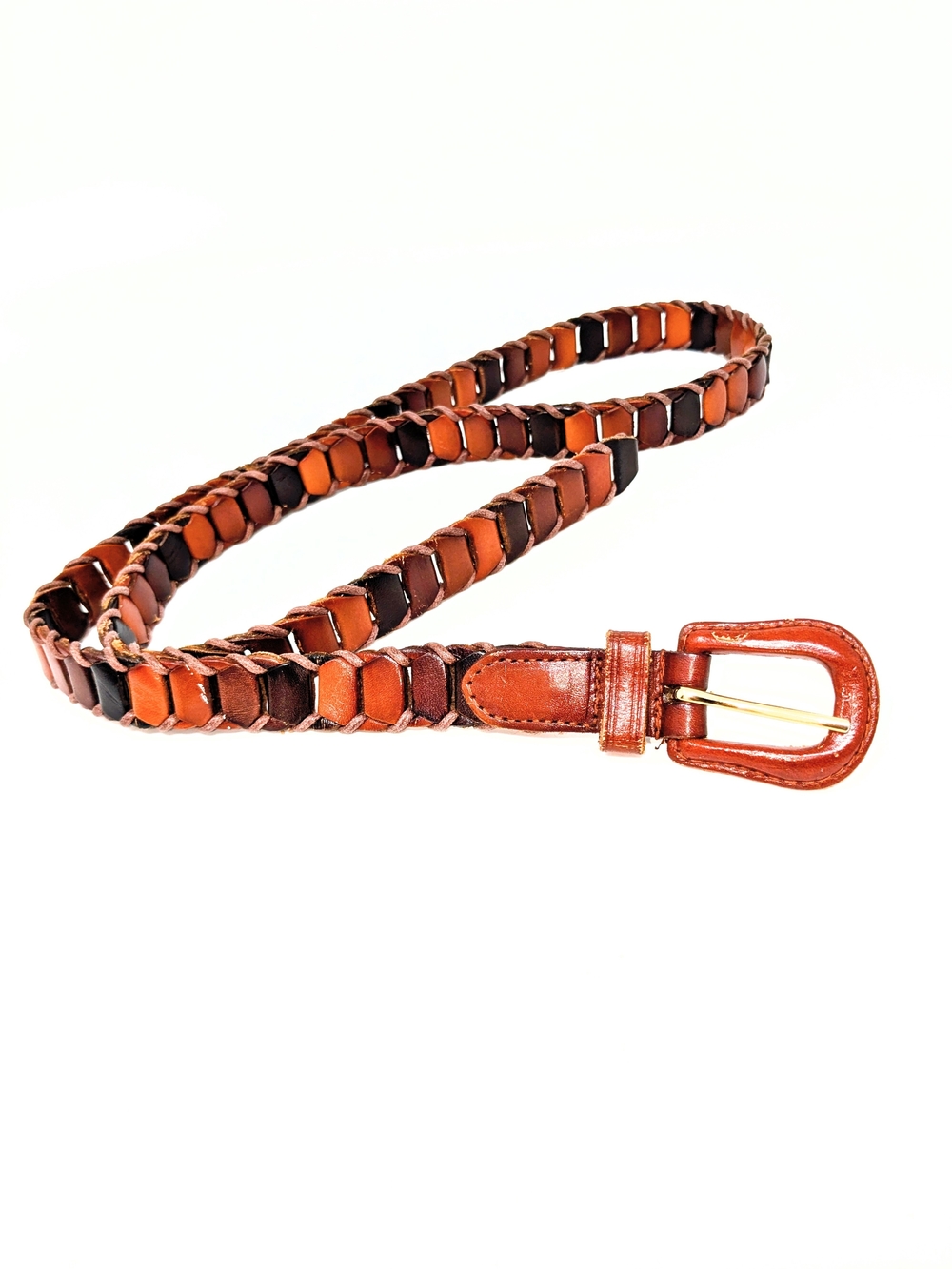 Woven Chain Link Cowhide Leather Women’s Belt in Chestnut Brown XL